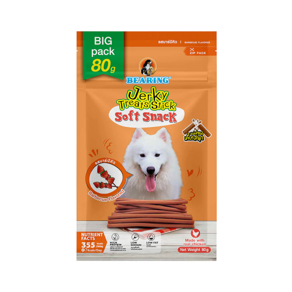 ขนมสุนัข BEARING เนื้อไก่อัดแท่ง สูตร JERKY TREATS SOFT SNACK รสบาร์บีคิว ขนาด 80G